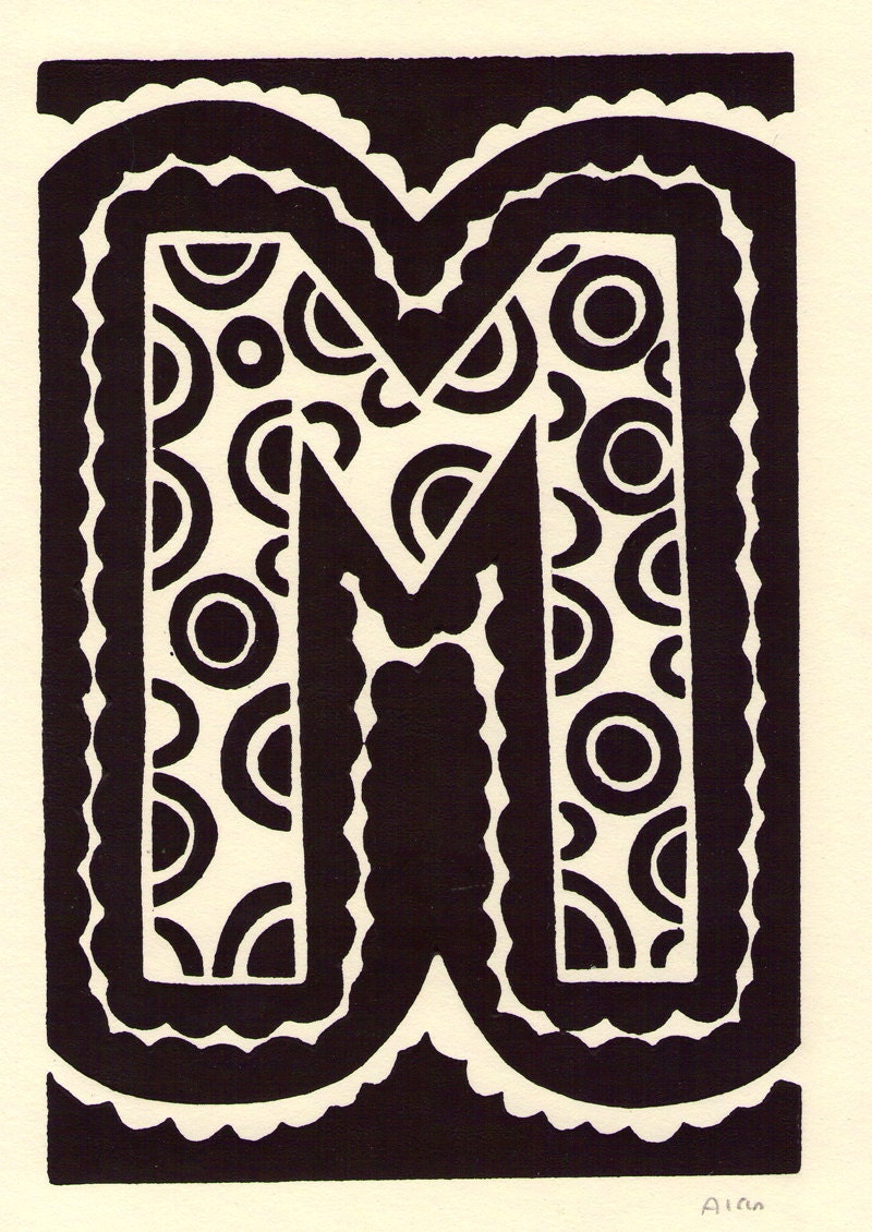 M is for the letter M. Linocut