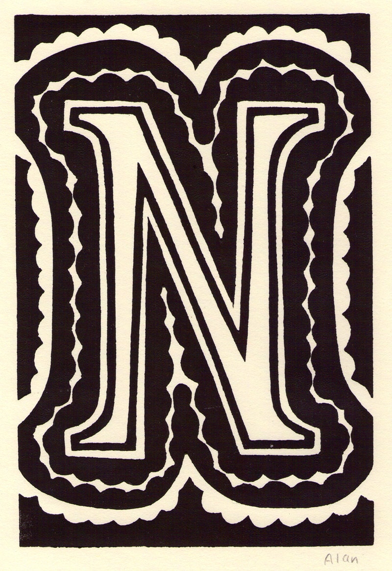 N is for the letter N. Linocut