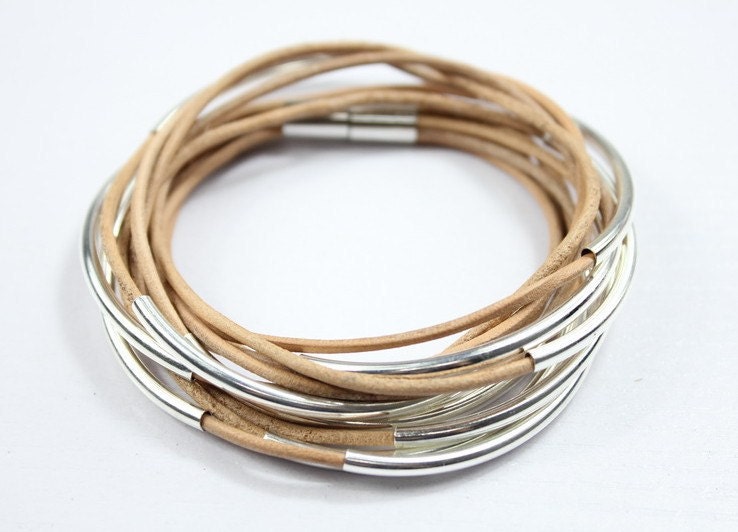 silver tube wrap magnetic light brown bracelet s46