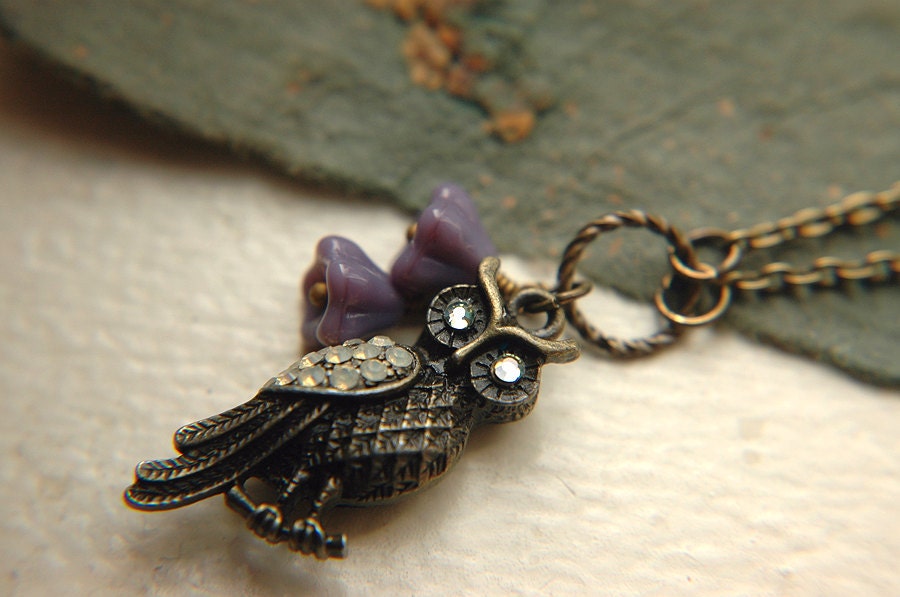 Swarovski Brass Owl Necklace with Czech Glass Flowers - The Pale Eyed Owl.