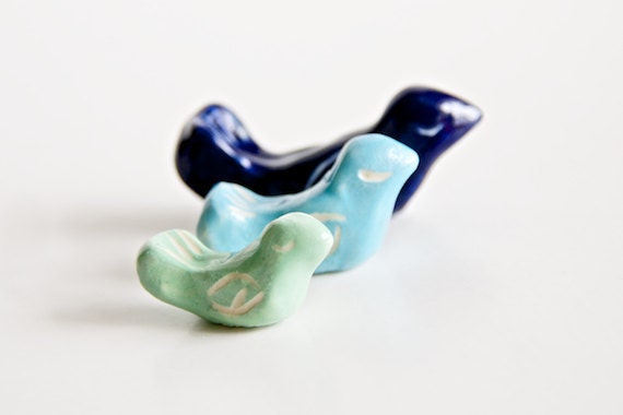 Ceramic Birds- Set of Three in Blue, Turquoise, and Sage Green