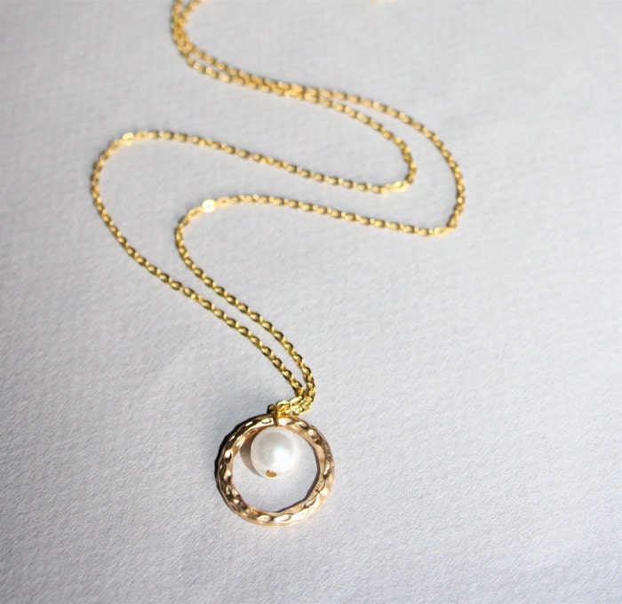 Circle and Pearl Necklace Hammered Circle in gold by smilesophie