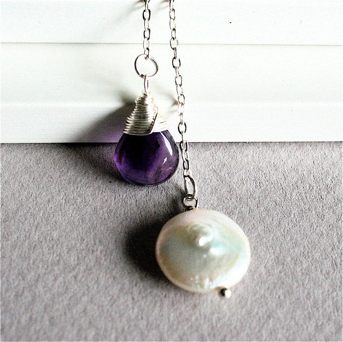 Amethyst and Coin pearl Lariat Necklace Purple by smilesophie
