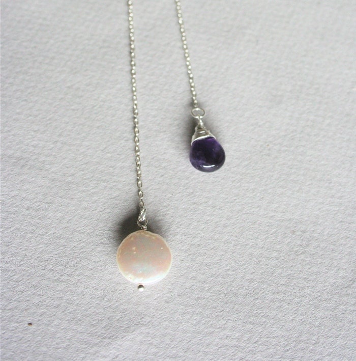 Amethyst and Coin pearl Lariat Necklace Purple by smilesophie