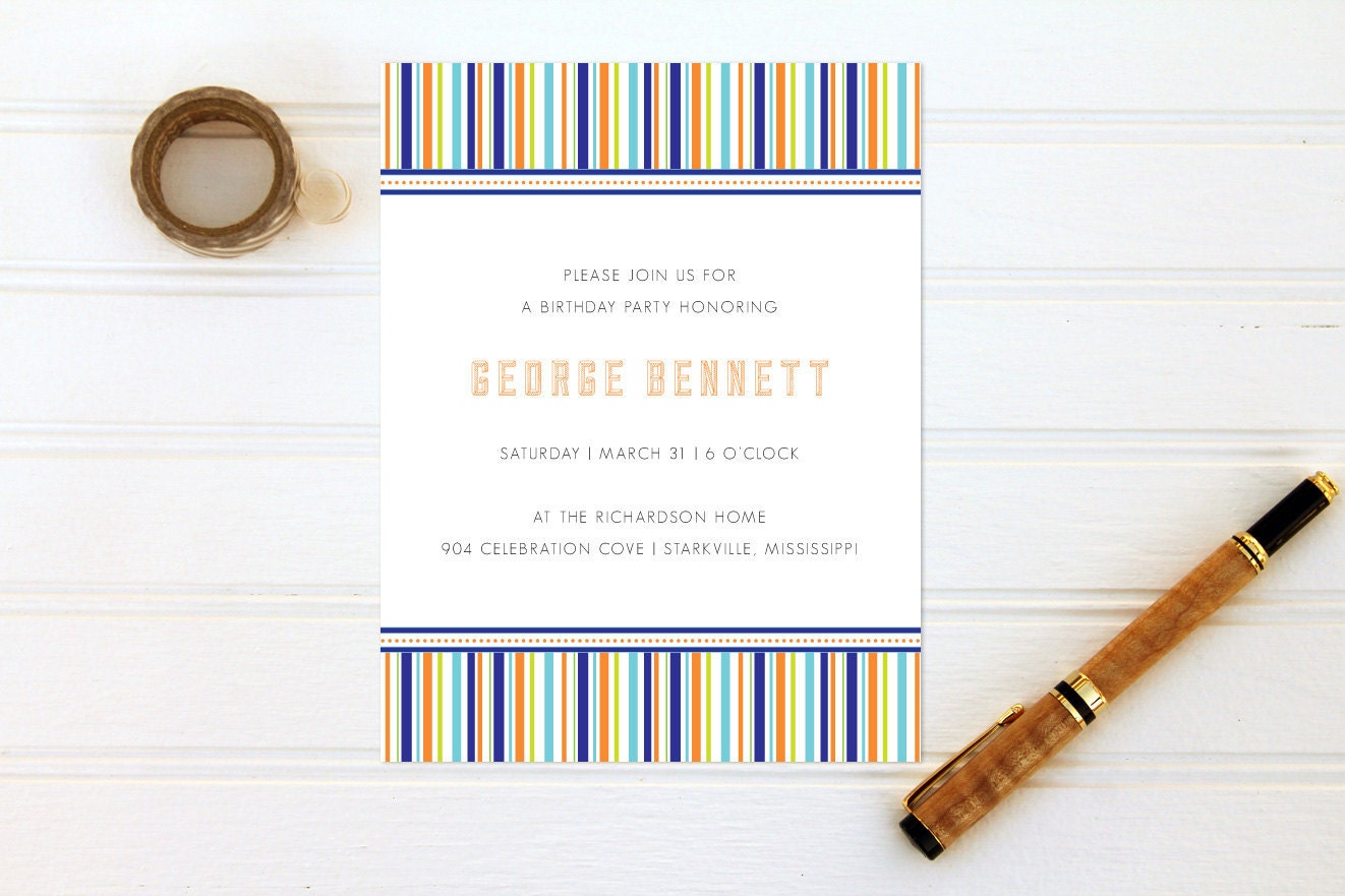 Masculine Stripes Party Invitations - Birthday Invites for Men