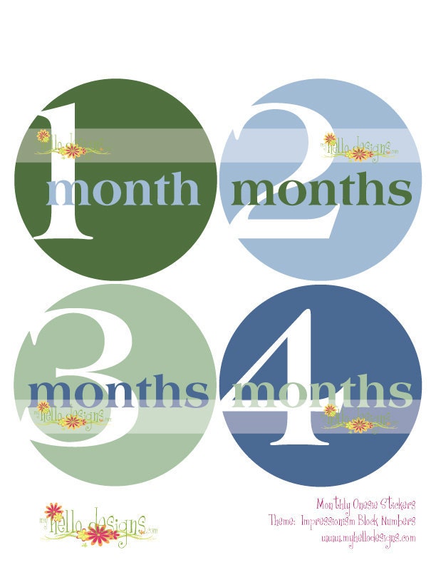 Monthly Onesie Sticker (Boy): Impressionism Block Numbers