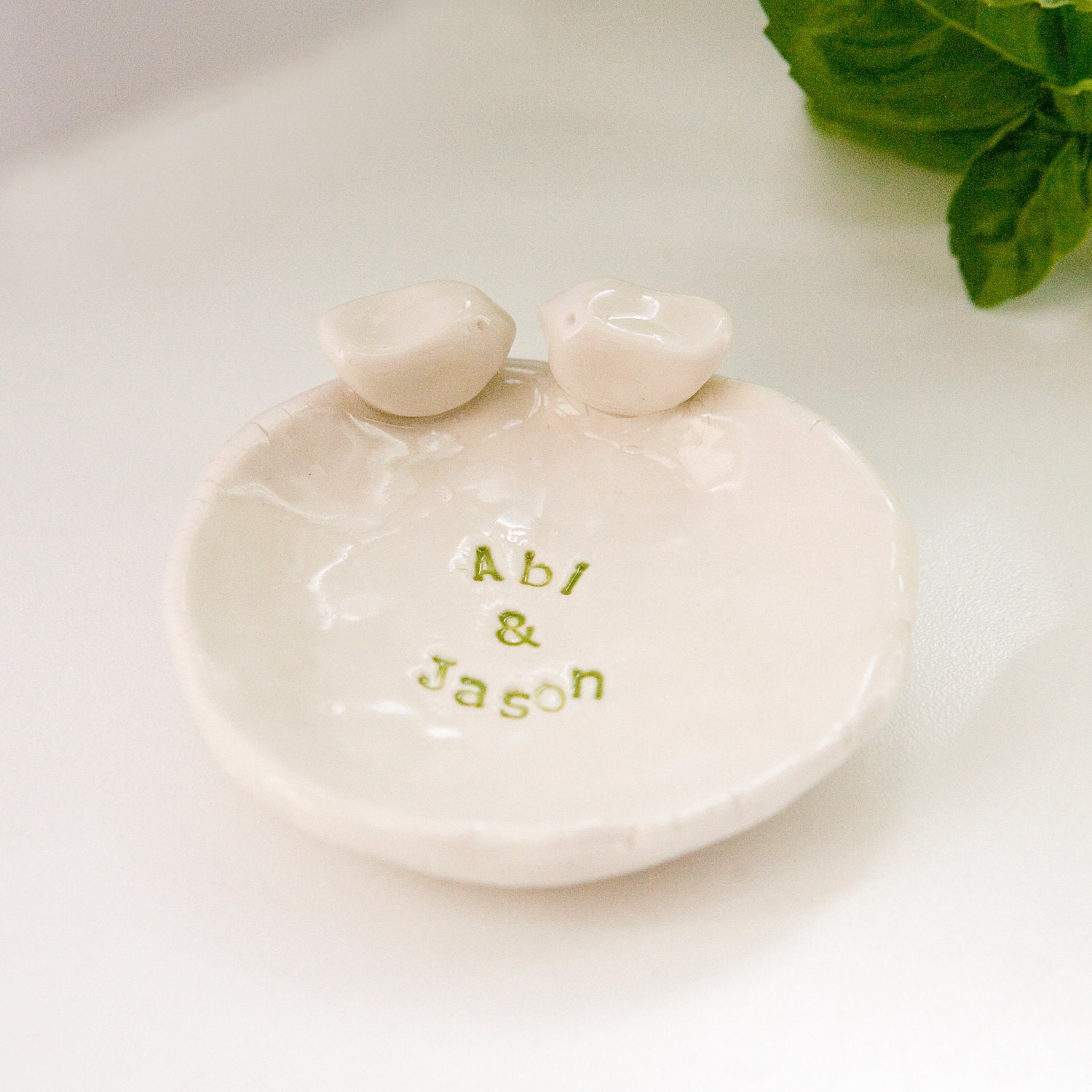 Personalized birds ring dish small rustic ceramic wedding bearer bowl porcelain jewelry catcher