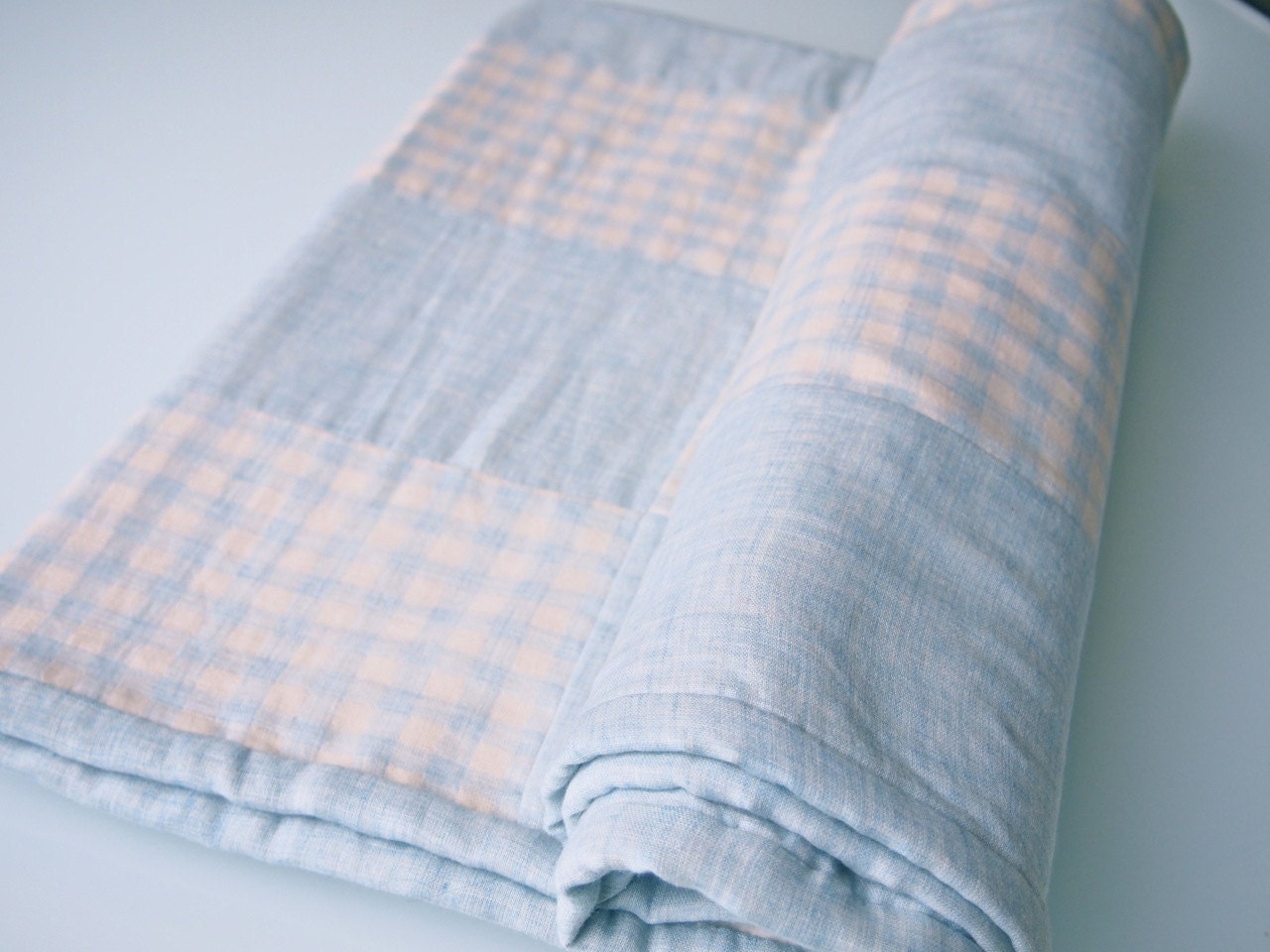 Patchwork Baby Blanket / Lap Blanket with Organic Cotton Fleece and Double Gauze - Light Blue
