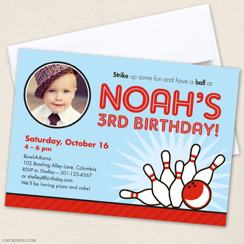 Bowling party - Set of 15 custom photo invitations - Printable file also available