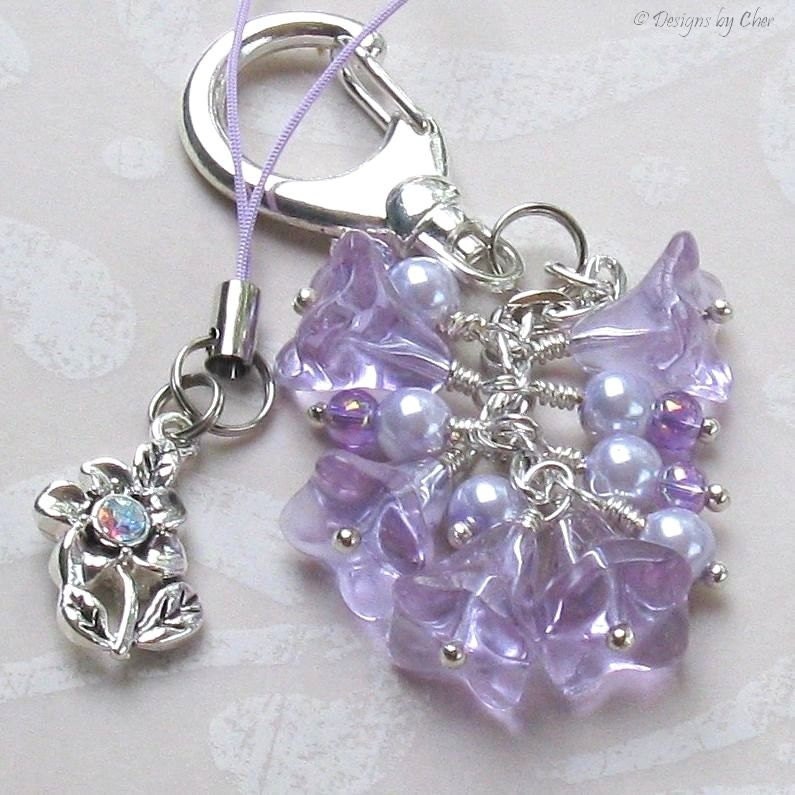 Lilac Flower Purse Hanger and Charm Strap, Silver, Glass, Pearls... Spring Lilacs, Mother's Day
