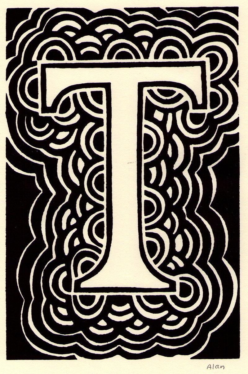 T is for the letter T. Linocut
