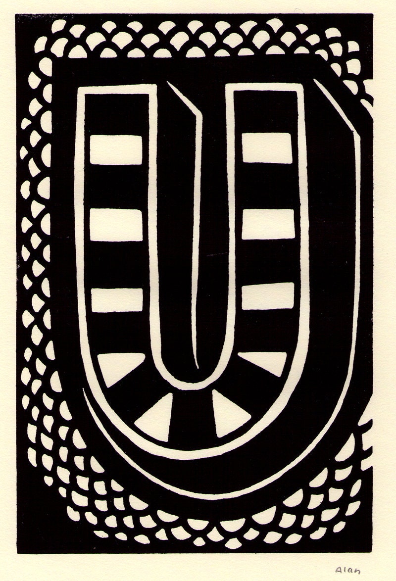 U is for the letter U. Linocut