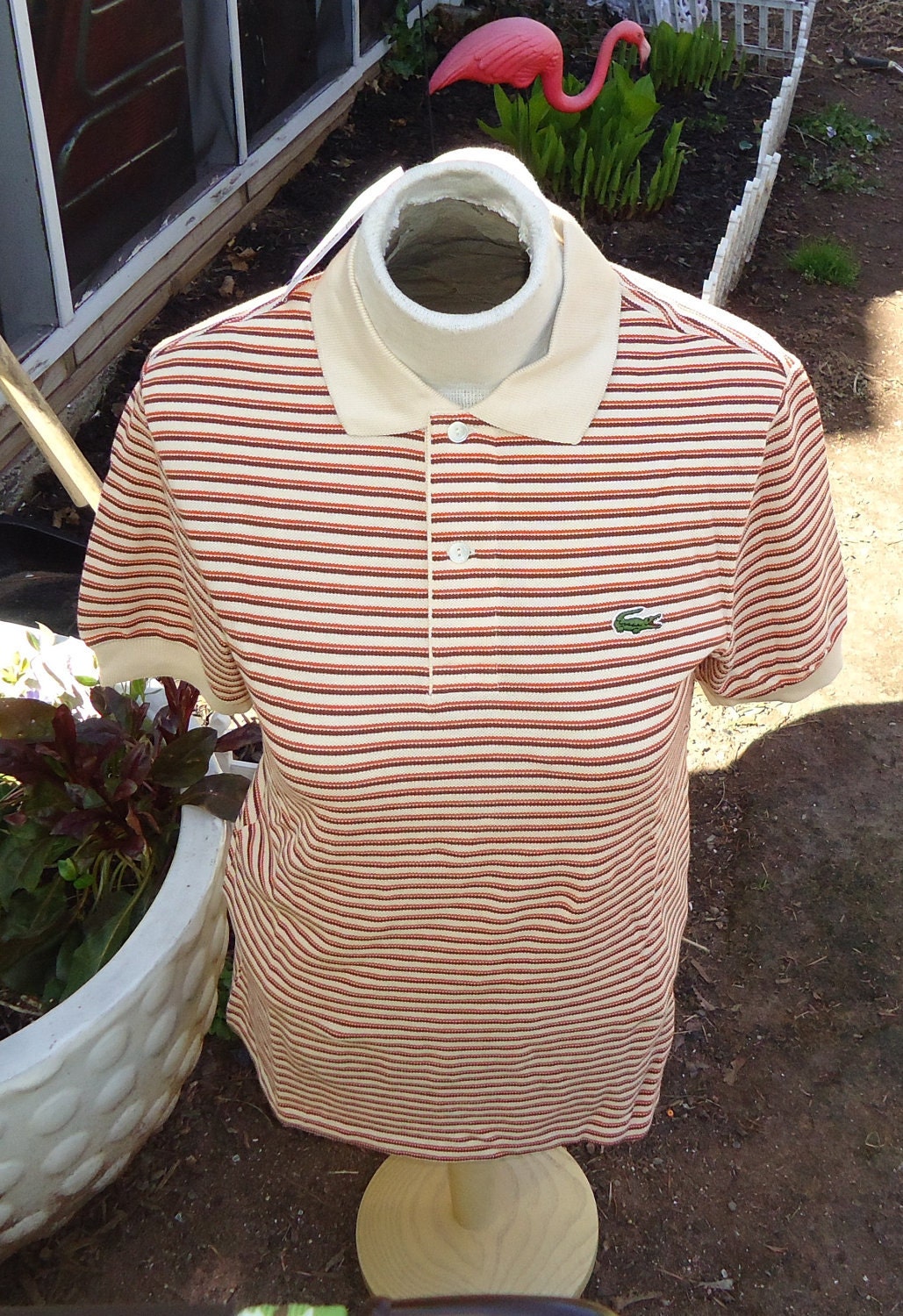 vintage DEADSTOCK Chemise LACOSTE orange Brown Striped Polo Shirt NOS