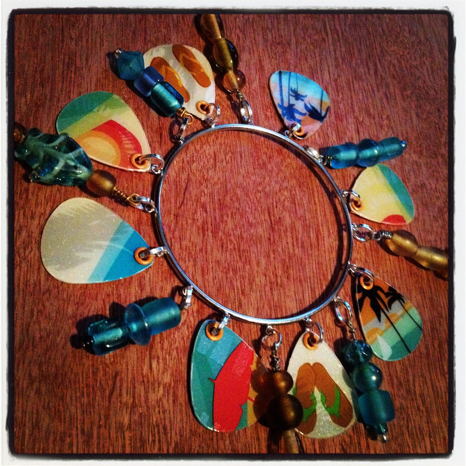 Sandals on the beach upcycleed git card and bead charm bracelet