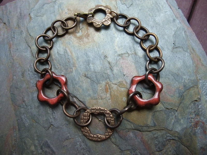 flower bracelet, red bracelet, handmade bracelet, bracelet, bronze bracelet,