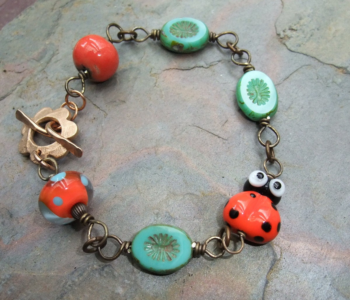 Ladybug Bracelet, Ladybird Bracelet, Handmade Bracelet, Lampwork Bracelet, Theatoo Clasp Bracelet