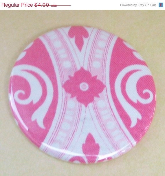 MAY SALE 31% OFF pocket mirror pink and white medallion damask fabric covered pocket mirror