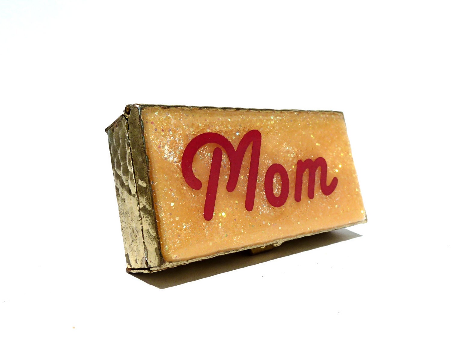 Mom Vintage Metal Box - Orange Glitter Pillbox - Cosmetic Compact, Medicine Carrier - Mother's Day - Secret Safe Box - Cute Birthday Gift