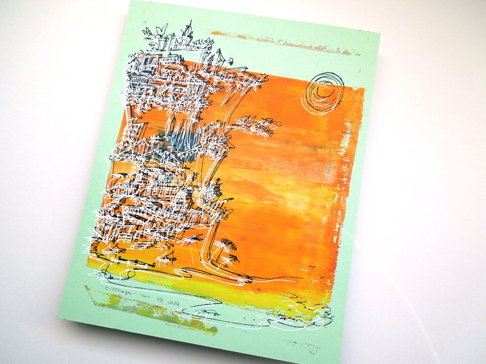 Cliffhanger - handpulled screenprint: Pacific Palisades in sunset orange red and yellow on mint green, 8x10