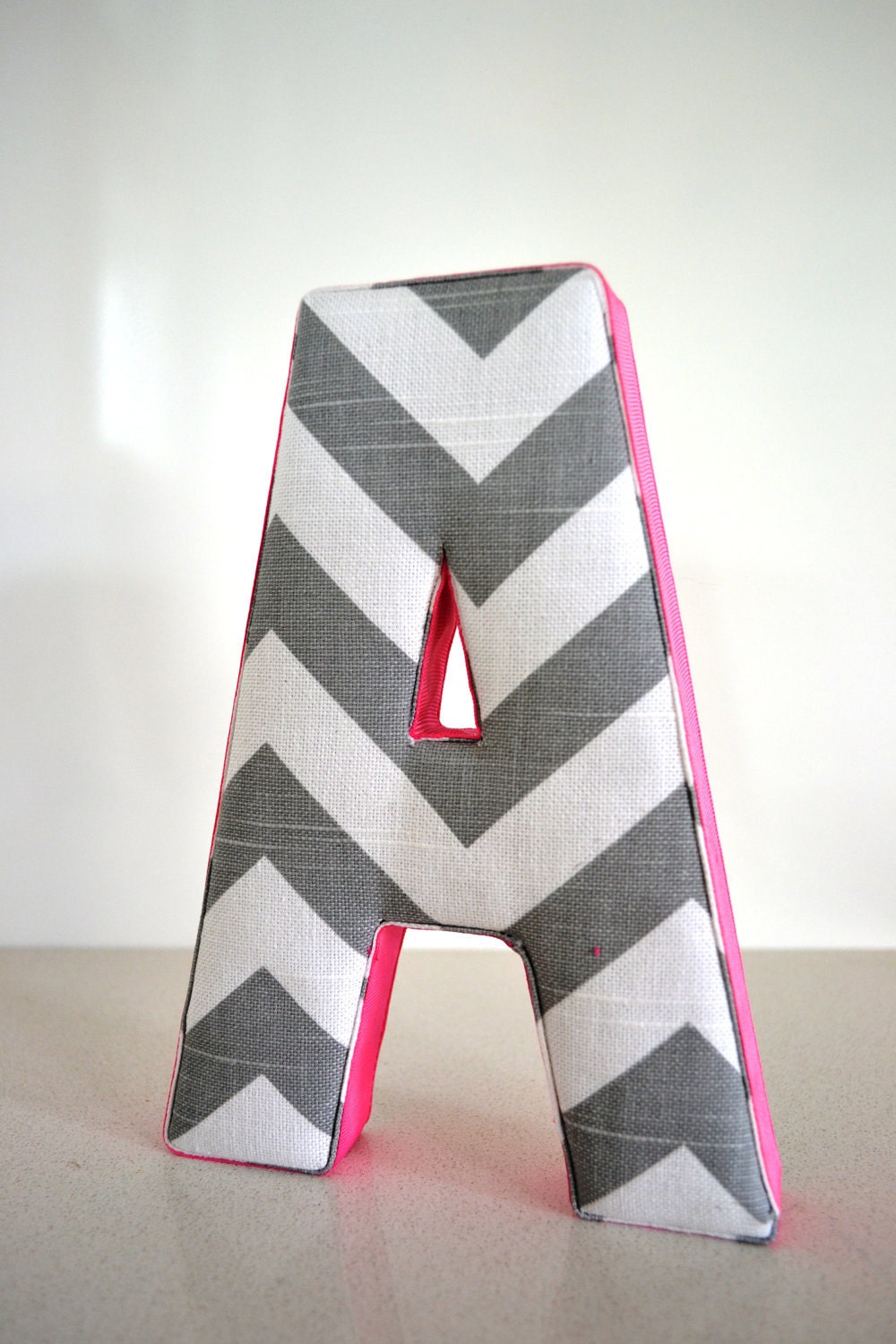 Wall Art - Personalised Fabric Letter A in Grey Chevron with Hot Pink Ribbon