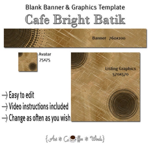 Blank Premade Shop Banner and Graphics Set Template - Cafe Bright Batik - Add Your Own Text -  Easy to Edit - Video Instructions Included
