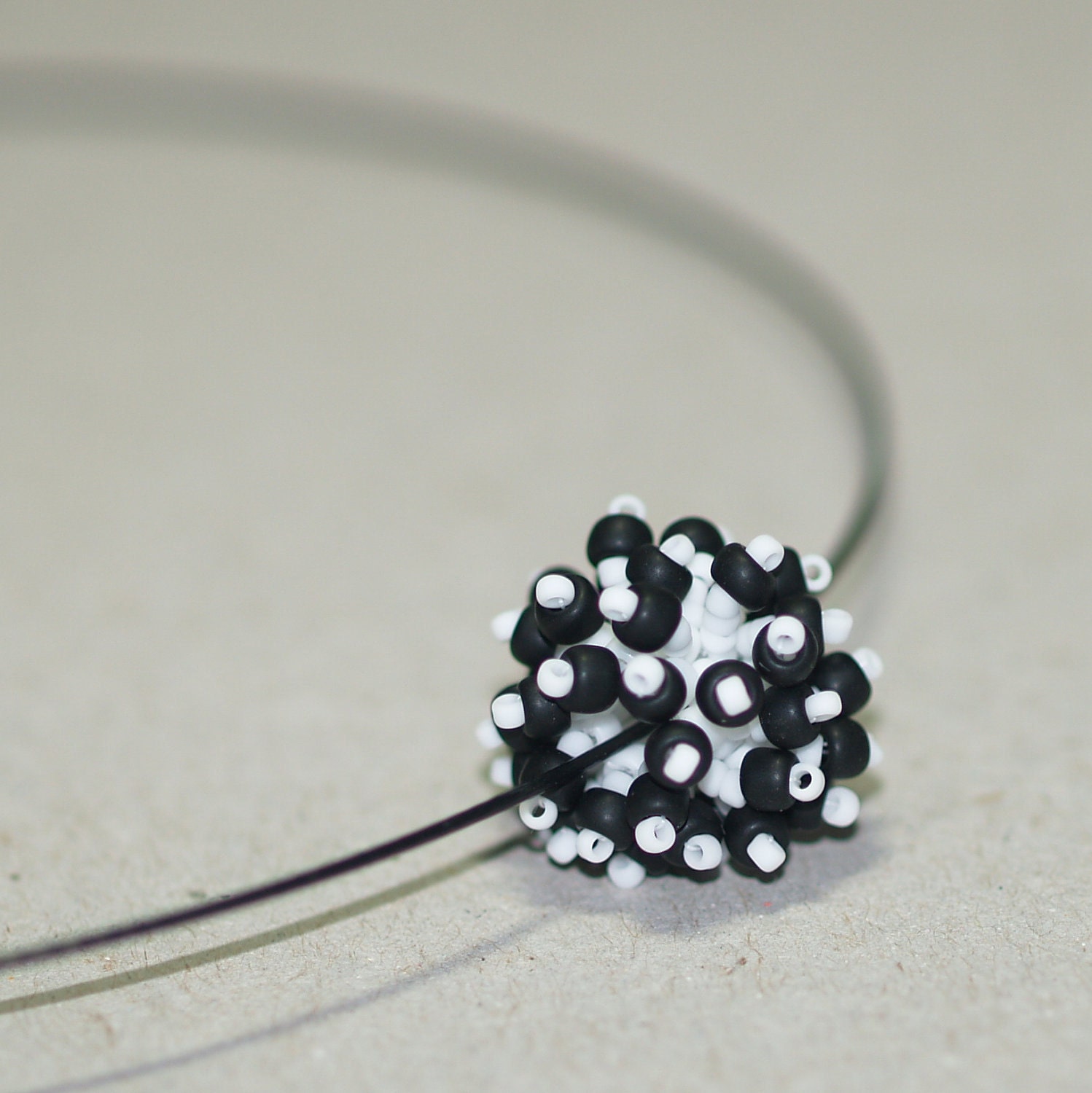Black and White Bauble ... Beaded Bead . Fringe . Pendant . Necklace . Wire Choker . Bold . Fun . Modern . Cute