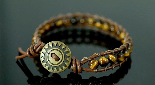 Brown leather bracelet, beaded leather bracelet