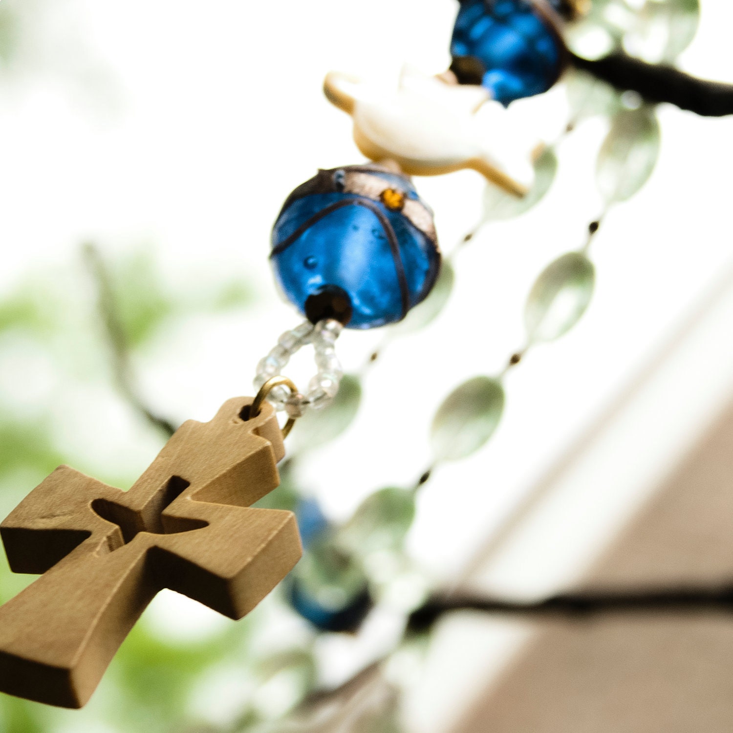 Prayer Beads with Olive Wood Cross and Blue and Green Glass Beads