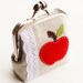 Apple Coin Purse, Teacher Gift, Metal Kisslock Applique Pouch in Oatmeal Linen, Light Blue, and Red - Made To Order