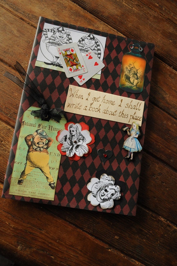 A4 Large Alice In Wonderland sketchbook, journal or scrap book embellished with mixed media collage & heat engraving pyrography, blank pages