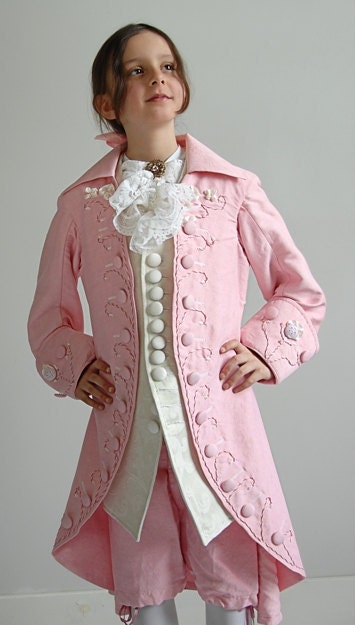Pink Silk Rococo Boys Outfit with Hand Embroidery - Jacket, Vest, Knee Pants (Children's Size 8)