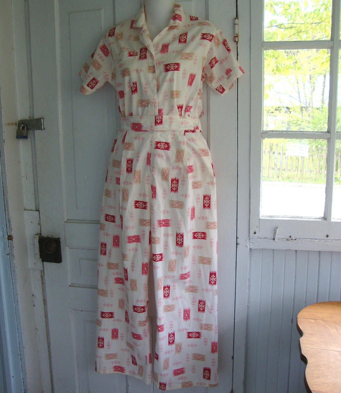 Vintage 1950s Cotton Pajamas with Pink and Red Design