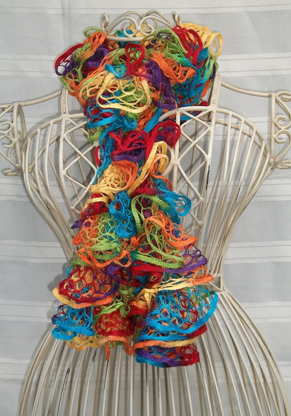 Hand Knit Lacy Ruffled Scarf - Fly A Kite - Rainbow of Colors - Spring and Summer Fashion Accessory - Ready to Ship