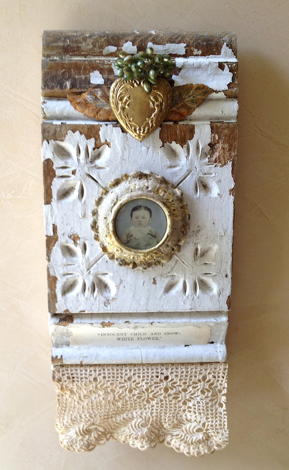 Altered Assemblage Mixed Media Wall Hanging Block - INNOCENT CHILD Snow White Flower