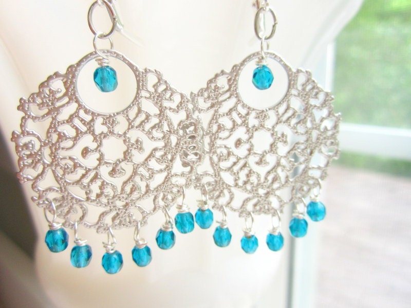 Bollywood Princess Earrings Turquoise Silver Filigree by MinouBazaar