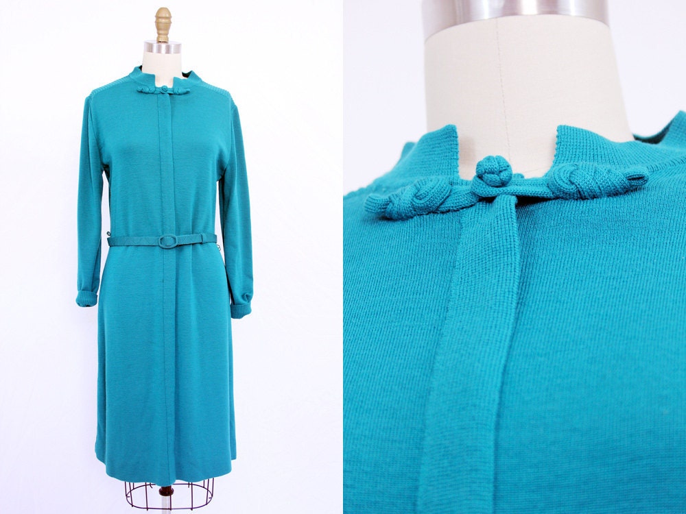 turquoise shift dress / 1960s wool mod vintage dress / sweater dress size medium M large L