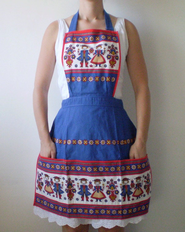 Vintage Apron with Pockets - Folk Design in Red, White, Blue, and Yellow - Cotton, Made in Austria