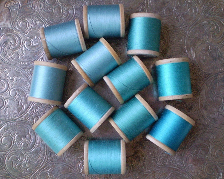 Vintage Cotton Sewing Thread Lot - Aqua, Swimming Pool, Sky Blue Tones, 12 Wooden Spools by Belding Corticelli