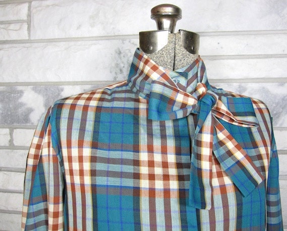 Vintage Blouse, 80s, Dead Stock, Filenes, Plaid, Teal, Brown, Neck Tie, Long Sleeve, Rounded Hem, Hidden Button Front, Medium, Large