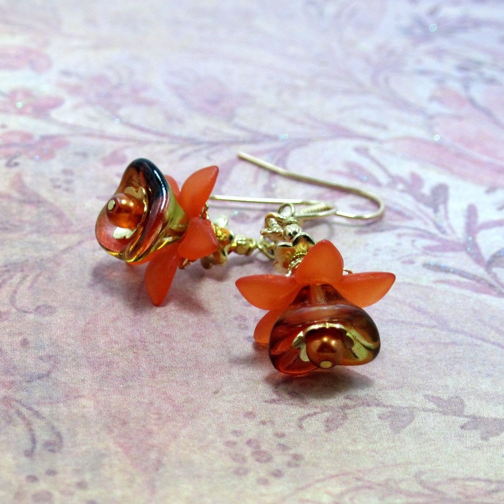 Orange w Gold Flower Earrings Vintage Inspired - Orange Blossom Special