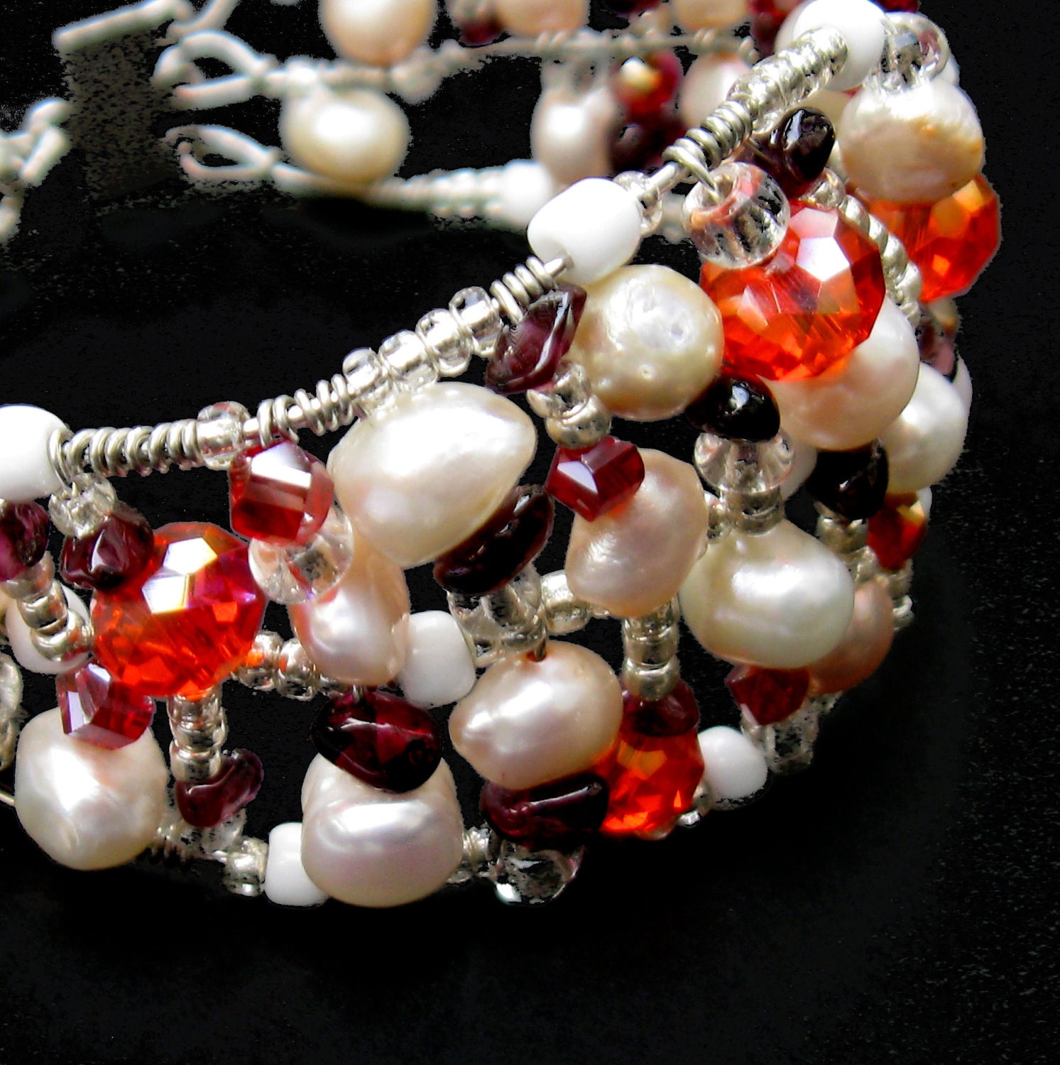 Pearl Bracelet Cuff Mosaic Orange Pop