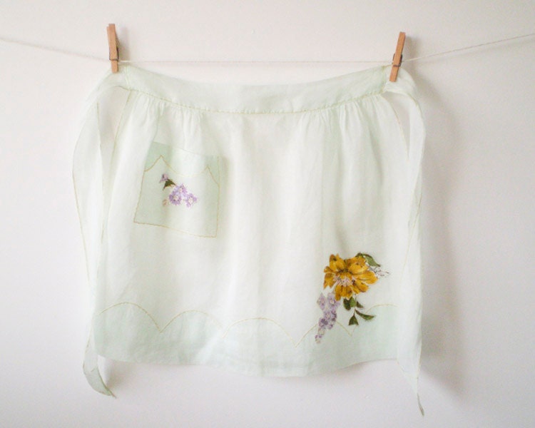 Vintage Apron - Sheer Seafoam Pastel with Floral Applique and Scalloped Trim