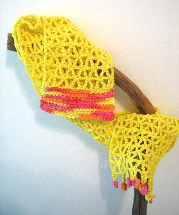 Cotton Crochet Neck Scarf in a delicious lemon color, accented with raspberry and peach rosebuds