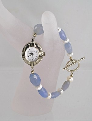 Handmade Chalcedony and Pearl Beaded Watch