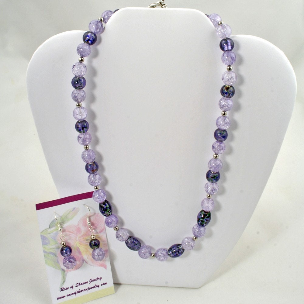 Handmade Lilac to Deep Purple Glass Beaded Necklace and Earrings