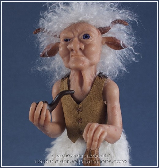 Mean Old Goat - grumpy faun OOAK elderly woman satyr sculpture with pipe and cane