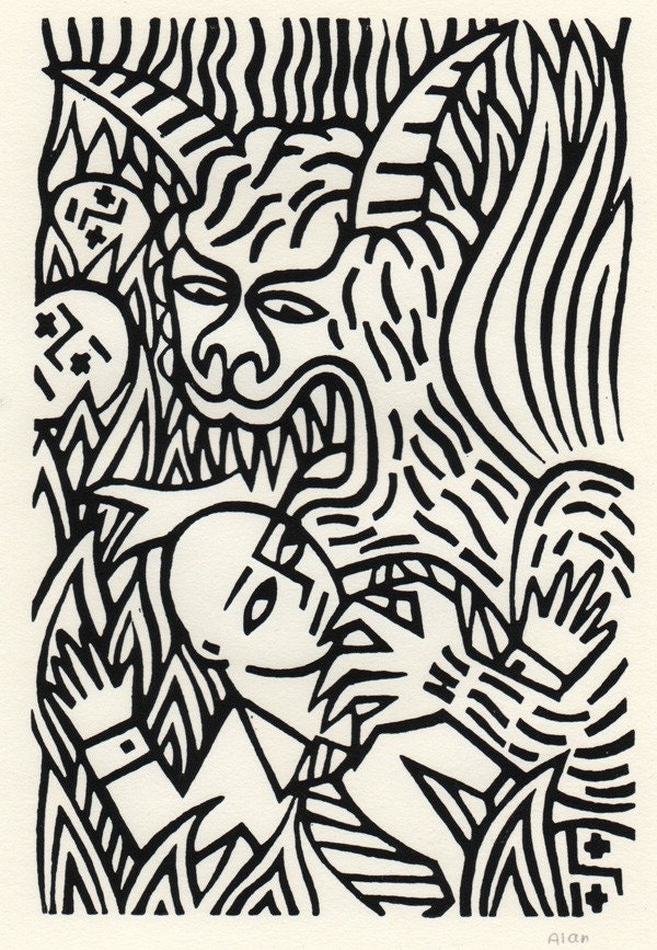 Meet the boss. Linocut
