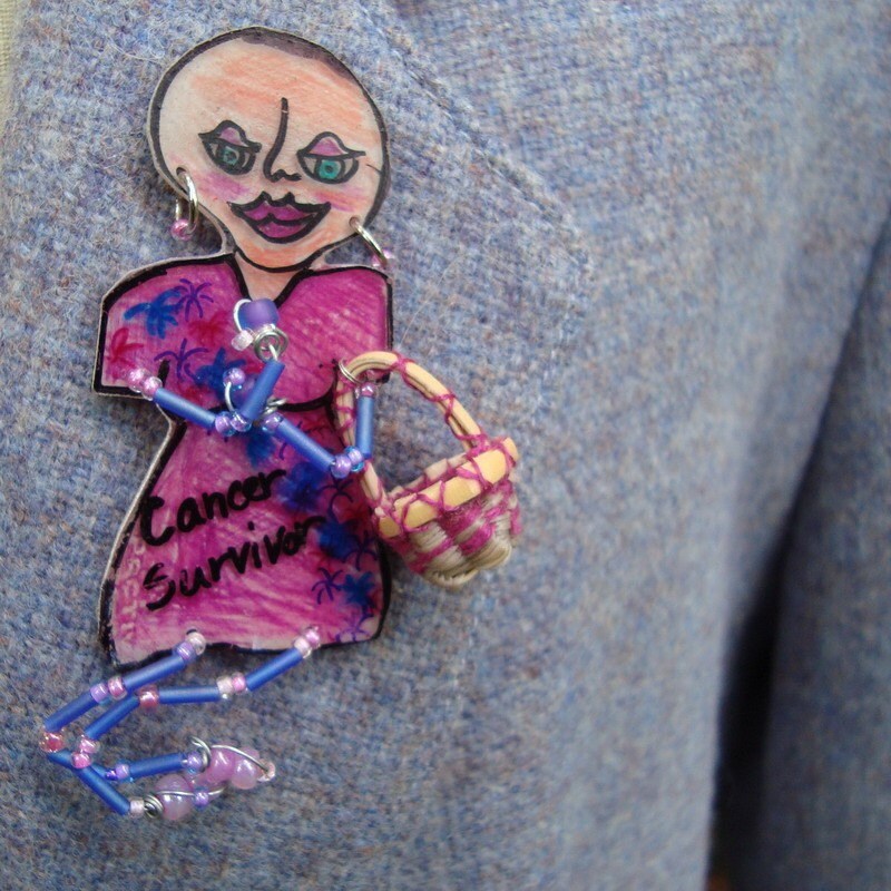 Brooch Pin Upcycled Plastic Cancer Survivor Bald lady with basket