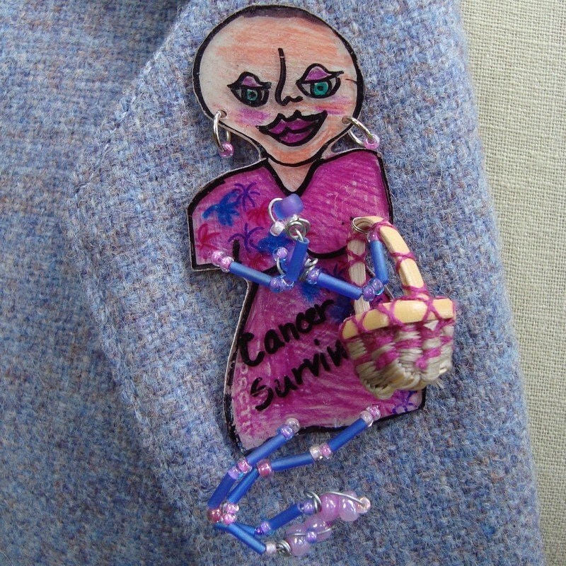 Brooch Pin Upcycled Plastic Cancer Survivor Bald lady with basket
