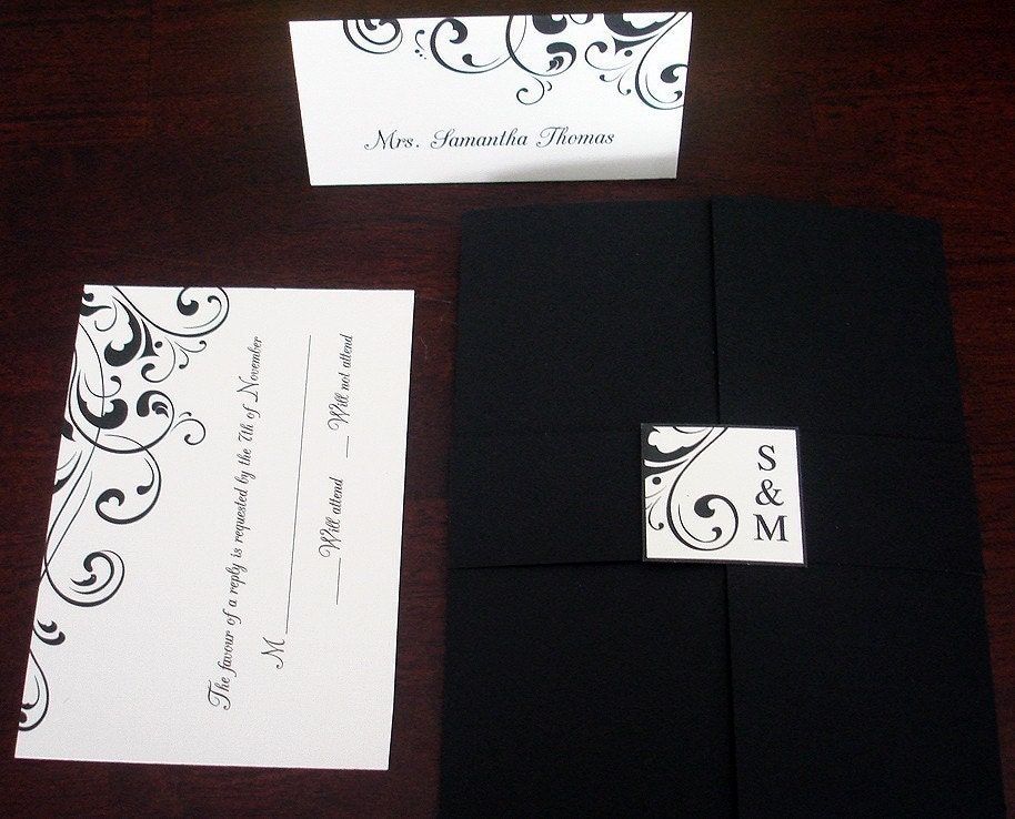 Wedding Invitation Black Ivory Flourish Gatefold belt Bridal 
